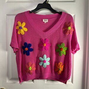 BiBi - Short Sweater with Embroidered Flowers - Pink - Large -